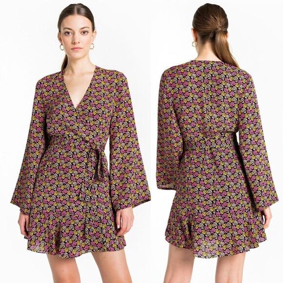 A.L.C. Whitney Bell Sleeve Floral Wrap Dress in Pink Yellow Size 2 - Picture 2 of 10